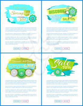 Spring sale web posters with promo tags decorated by blooming flowers. Vector web posters with discounts 15, 30, 45 and 70 percent off, text sample