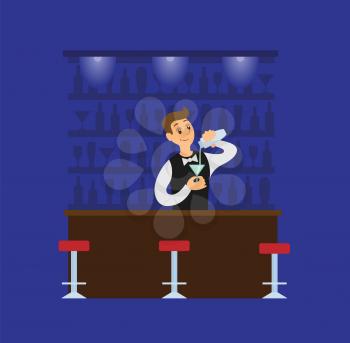 Barman making cocktail, pouring drink in glass. Blue restaurant in flat style, bartender in suit mixing beverage. Working waiter in dark pub vector