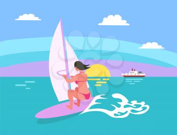 Summer background, sun and windsurfing woman, female surfing, waves and sunset, ship vector. Person on board wearing swimsuit, surforboarder on vocation