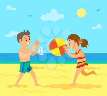 Boy and girl playing volleyball on beach, smiling people on coast throw ball. Sailboat and flying birds, summer activity, teenagers full length view vector