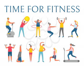 Time for fitness, people doing fitness with sport items. Ball and exercise bike, big hula hoop, heavy weight or dumbbells, running track, healthy vector
