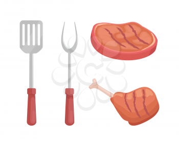 Beef steak roasted meat isolated icons vector. Spatula and fork for barbecue bbq cutlery. Ham and chicken wing cooked on grille, beefsteak illustration