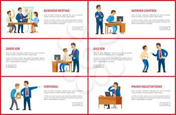 Dismissal and task, job interview and worker control, clerk with manager, business vector web posters. Office work, boss and employee relationships.