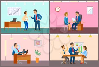Boss and employees in office, work process. Rebuke for bad job, interview and working break, business meeting with presentation vector illustrations.