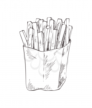 French fries in package sketch monochrome outline icon. Take away food, made of long fried potatoes sticks. American meals in box vector illustration
