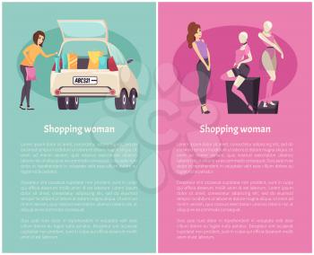 Shopping women, fashionable clothes boutique in mall vector. Lady looking at mannequin, outfit on showcase. Girl with purchases from store packing car