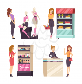 Beauty cosmetics products on shelves set vector. Mannequin with underwear, lady shopping in supermarket, basket with food. Jewelry store consultant
