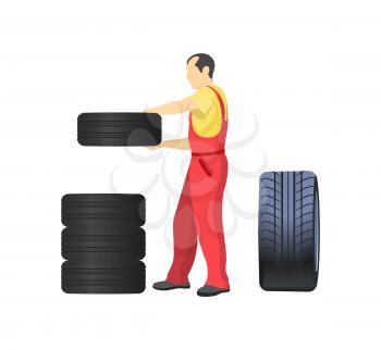 Mechanic arranging wheels, putting tires one on another. Serviceman in uniform changing rubber wheels, repair service worker vector isolated on white