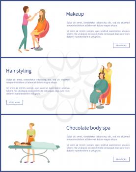 Makeup and hair styling stylist posters set with text sample vector. making wavy hairstyle, chocolate body spa, cocoa liquid on relaxed womans back