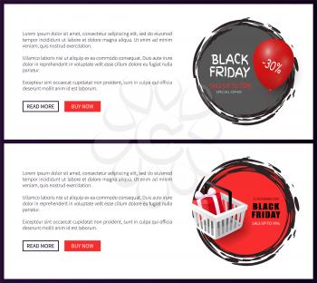Black Friday, online shopping, basket with gift box and balloon with off sign. Autumn holidays discount, seasonal sale web banner vector illustrations
