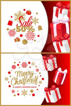 Christmas sale winter discounts and present boxes vector. Fifty percent reduction of price, snowflakes and gifts. Happy new year days clearance set