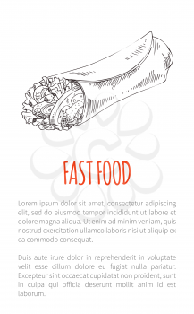 Fast food burrito monochrome sketch outline with text sample. Mexican food wrapped meat and vegetables with spicy sauces lunchtime takeaway vector