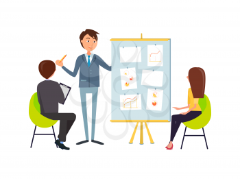 Business meeting or audience with people on chairs and speaker at tripod board making presentation pointing on graphs and charts, vector isolated
