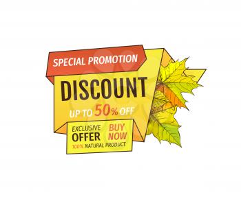 Special promotion discount on Thanksgiving day, exclusive offer buy now natural product label with maple leaves. Vector autumn sale label yellow foliage