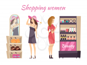 Shopping women wearing and trying hats, looking at mirror. Makeup stall with cosmetics production, lotions and palettes, powder and foundation vector