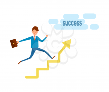 Businessman running to success on growing chart with arrow pointer. Happy executive worker rising upstairs on diagram or graph, growth in career vector