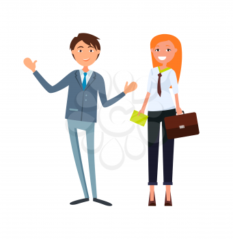 Colleagues male and female business cartoon workers isolated on white. Coworkers in formal wear, lady manager with briefcase and envelope in hand, vector