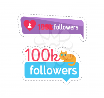 Followers isolated sticker with kitten sitting on text set of patches vector. Following numbers and users, social network banners with text and info