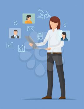 Businesswoman poster isolated on blue backdrop vector illustration of standing woman that holding computer, photos of workers, set of technology icons