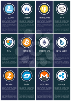 Cryptocurrency symbols on promotional posters with sample texts on dark background. Financial system of future advertisement vector illustrations.