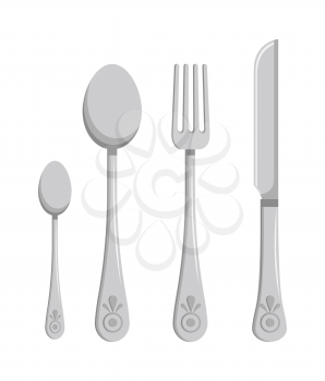 Collection of kitchen cutlery vector illustration of two silver spoon, fork and knife, set of dishes with cute patterns on handles isolated on white