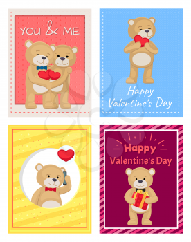 Happy Valentines Day postcards with teddy bears in bows on neck hold soft heart, gift box and modern smartphone isolated vector illustrations set.