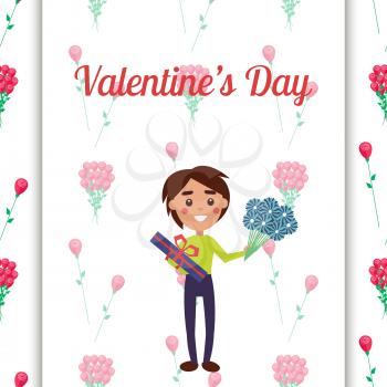 Cheerful boy holding present in blue box with red ribbon and bouquet of navy flowers on valentines day vector illustration.