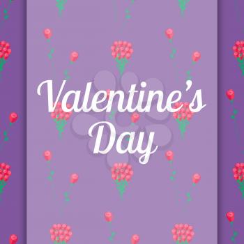 Valentines Day italic sign on congratulation card with bouquets of pink roses seamless pattern on violet background vector illustration.