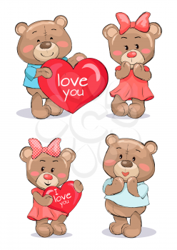 Pairs of soft fluffy teddies holding heart with text I love you, little confused, with pink red cheeks vector illustration Valentines day symbols