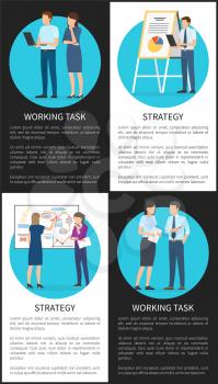 Strategy working task set of color office banners of busy workers isolated on blue circles, black and white backdrops vector illustration, text sample