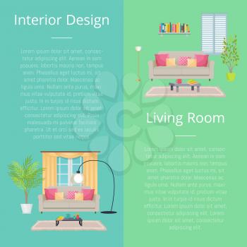 Interior design and living room, collection of posters with text sample and letterings, sofa and lamp, window and plants vector illustration