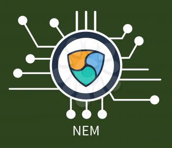 Nem cryptocurrency, poster with emblem of international coin in circle and lines connected with dots, vector illustration, isolated on green