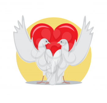 Two doves rise wings up on background of red heart, symbols of eternal love, white pigeons isolated vector illustration, Valentines day concept