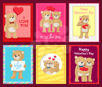 Cute teddy bears that hugs, confess in love, holds hearts and kiss on festive postcards for Valentines Day isolated cartoon vector illustrations set.