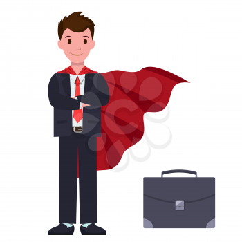 Businessman in formal suit and long red cloak with black capacious leather suitcase isolated cartoon flat vector illustrations on white background.