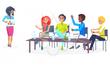Lot of happy workers poster vector illustration of one standing businesswoman and four sitting at table managers, glass table with three water bottles