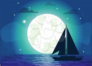 Dark silhouette of ship with big glowing moon vector illustration of black boat, shiny stars lot of different shapes clouds, many reflections on water