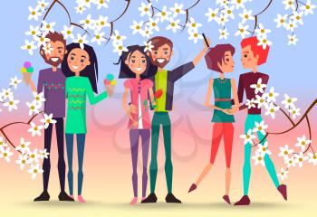 Boy and girl with ice cream, couple makes selfie with rose and beloveds look at each other in cherry blossom frame vector illustration.