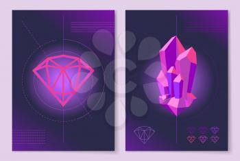 Abstract posters with geometric shape of diamond and crystals cluster in neon purple colors that spread light vector illustrations on dark background.