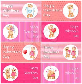 Happy Valentines Day horizontal postcards set with adorable fluffy bears with balloons in heart shape cartoon vector illustrations inside circles.