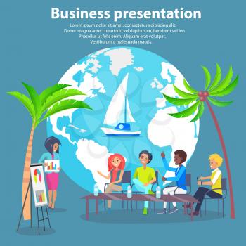 Business presentation colorful vector illustration with five smiling people, two palms Earth sketch with ship, schedules in woman hand and on rack