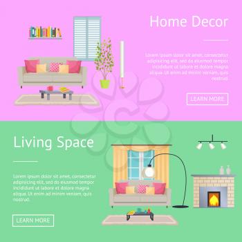 Home decor and living space, posters with compositions consisting of sofa and table with cup, bookshelf and window, isolated on vector illustration