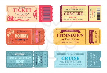 Tickets and admissions set, cinema and cruise trip, birthday invitation, free drinks and fun, presentation and holiday party vector illustration