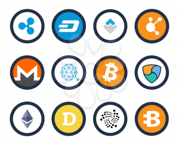 Ripple and dash, primecoin and bitcoin, bitshares and steem, cryptocurrency different coins and text sample, isolated on vector illustration