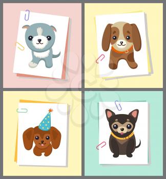 Dogs stickers collection, sheets of paper with images of pets of different breed, doggy with celebration cap, isolated on vector illustration