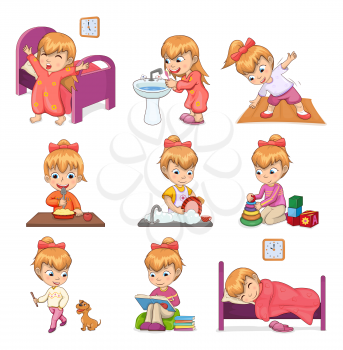 Little girl brushes teeth, exercises in morning, eats porridge, washes dishes, plays with toys and dog, reads books and sleeps vector illustrations.