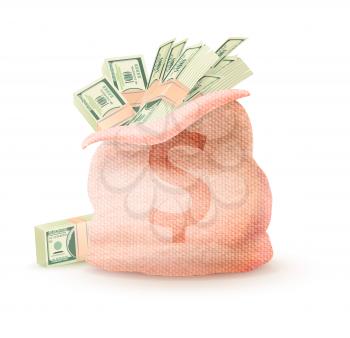 Open linen sack with dollar sign full of money vector illustration banking bag symbol isolated on white background, greenback profit savings icon