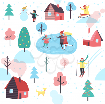 Winter seamless pattern with people on ice skating rink, cottage houses and green trees isolated cartoon vector illustrations on white background.
