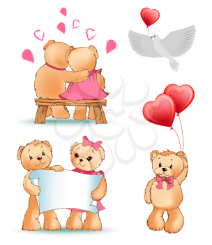 Teddy bears collection, couple in love, characters with sheet of paper, balloon in shape of heart, present and letter, isolated on vector illustration