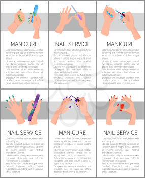 Set of manicure and nail service colorful cards, bright vector illustration with lot of hands, nail files and varnish, text sample, white background